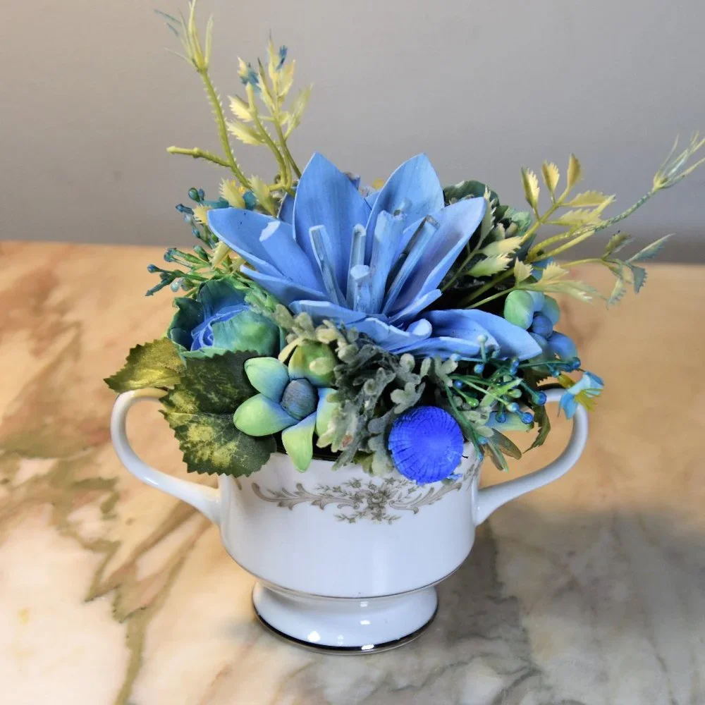 Vintage Sango sugar bowl filled with Sola flowers airbrushed in soothing blues